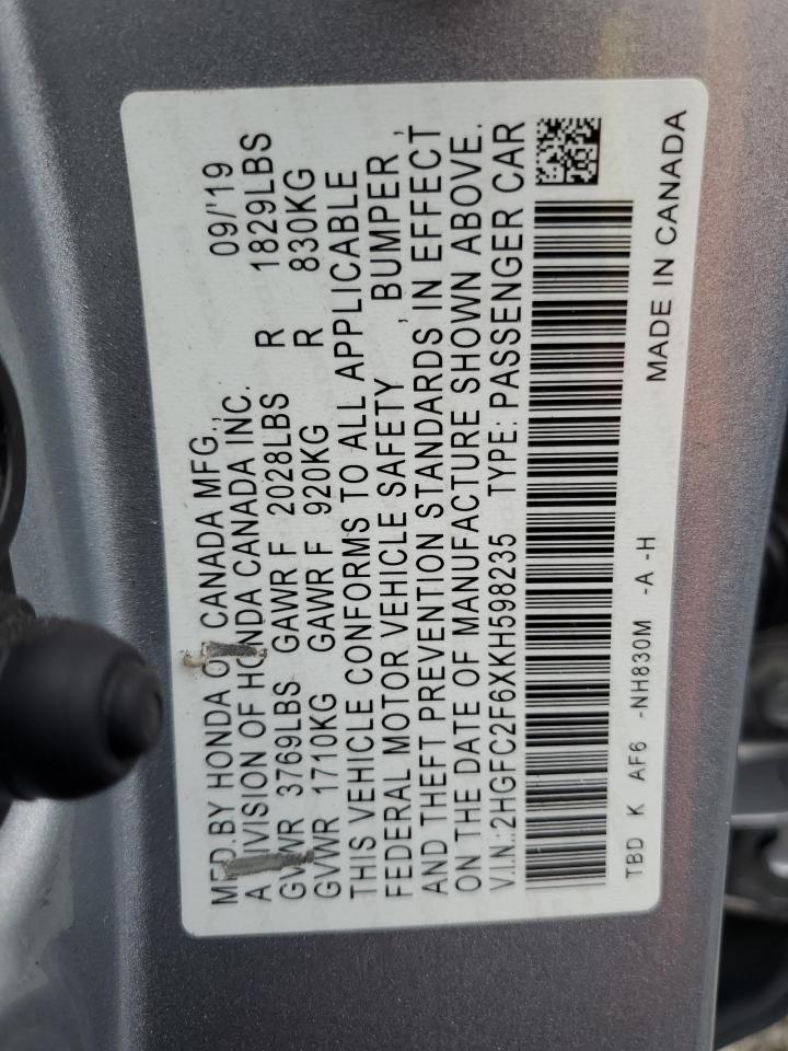 2HGFC2F6XKH598235 2019 Honda Civic Lx