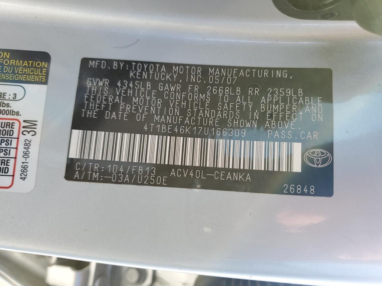 4T1BE46K17U166309 2007 Toyota Camry Ce