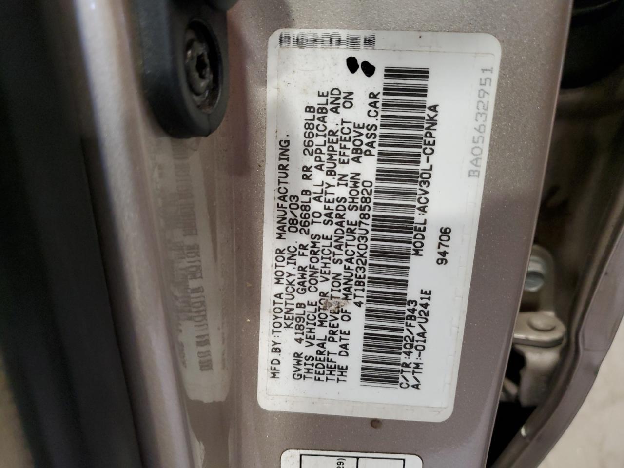 4T1BE32K03U785820 2003 Toyota Camry Le