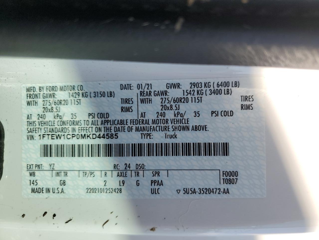 2021 Ford F150 Supercrew VIN: 1FTEW1CP0MKD44585 Lot: 73866534