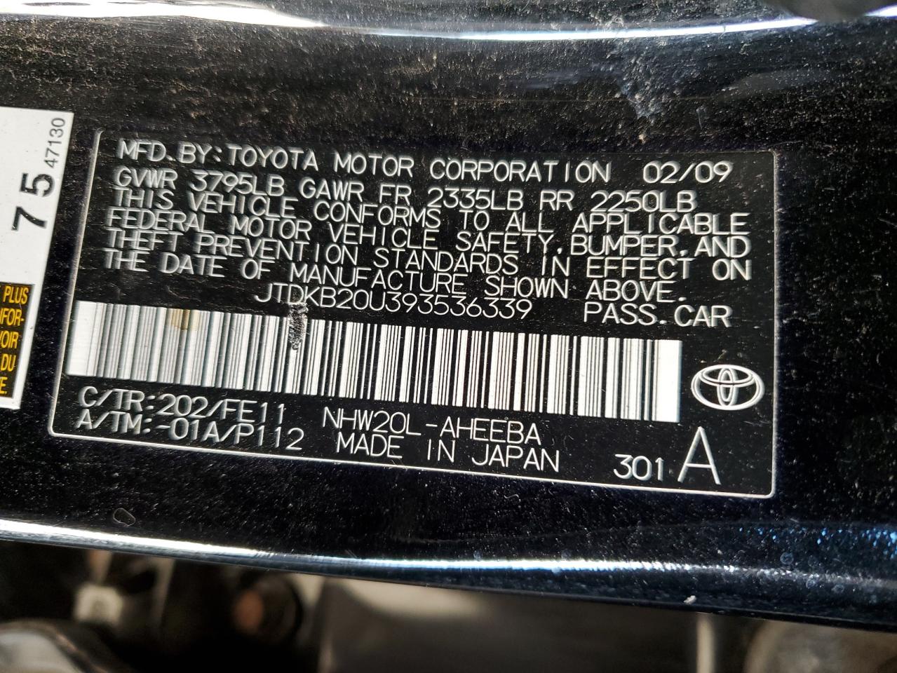 JTDKB20U393536339 2009 Toyota Prius