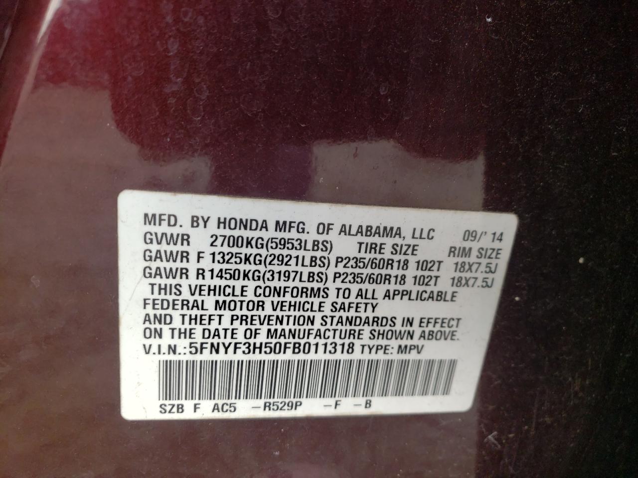 5FNYF3H50FB011318 2015 Honda Pilot Exl