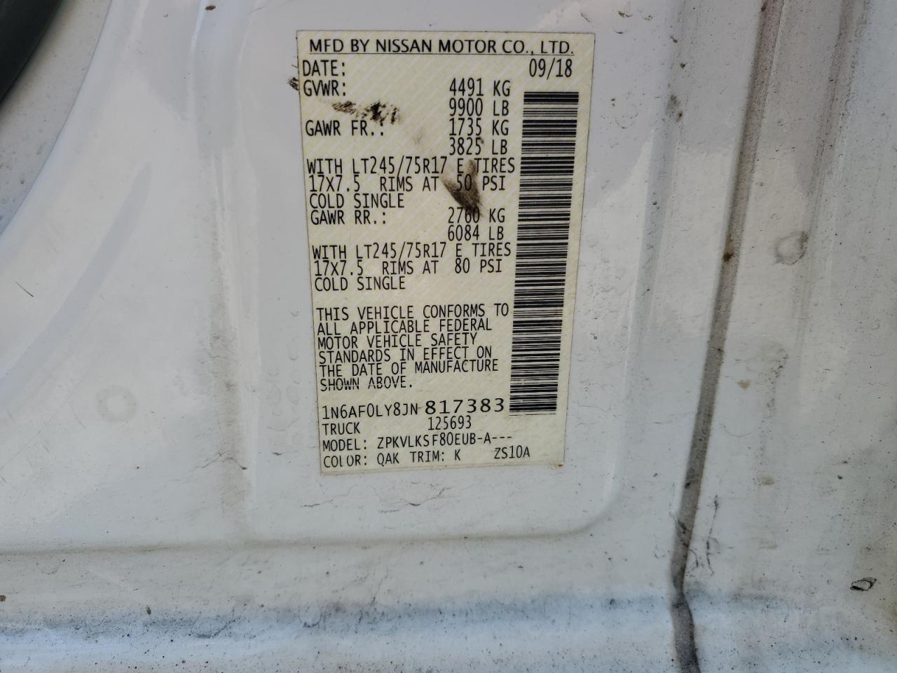 1N6AF0LY8JN817383 2018 Nissan Nv 2500 S