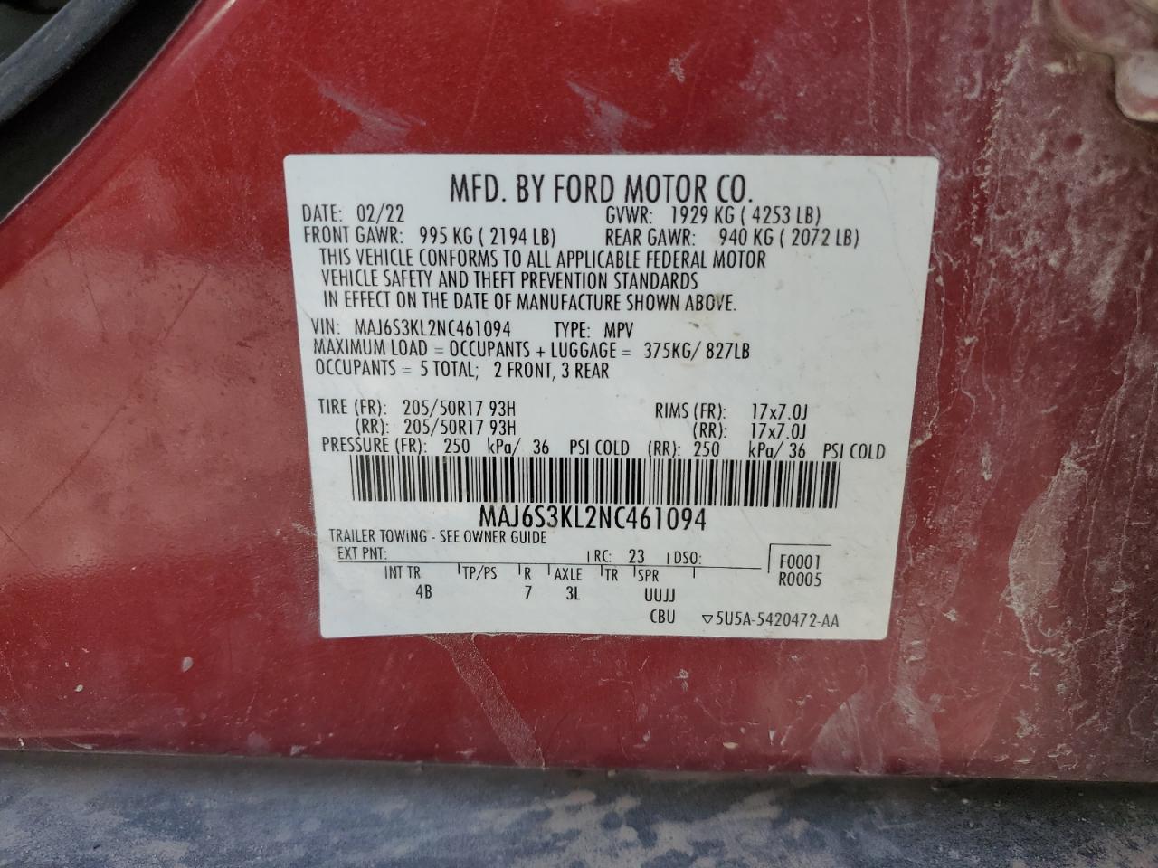 MAJ6S3KL2NC461094 2022 Ford Ecosport Titanium