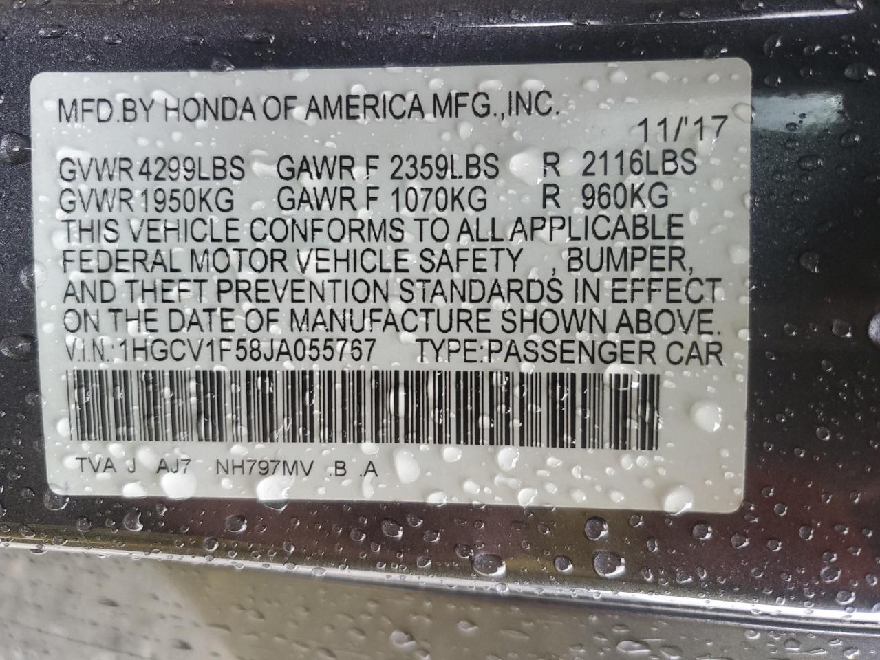 1HGCV1F58JA055767 2018 Honda Accord Exl