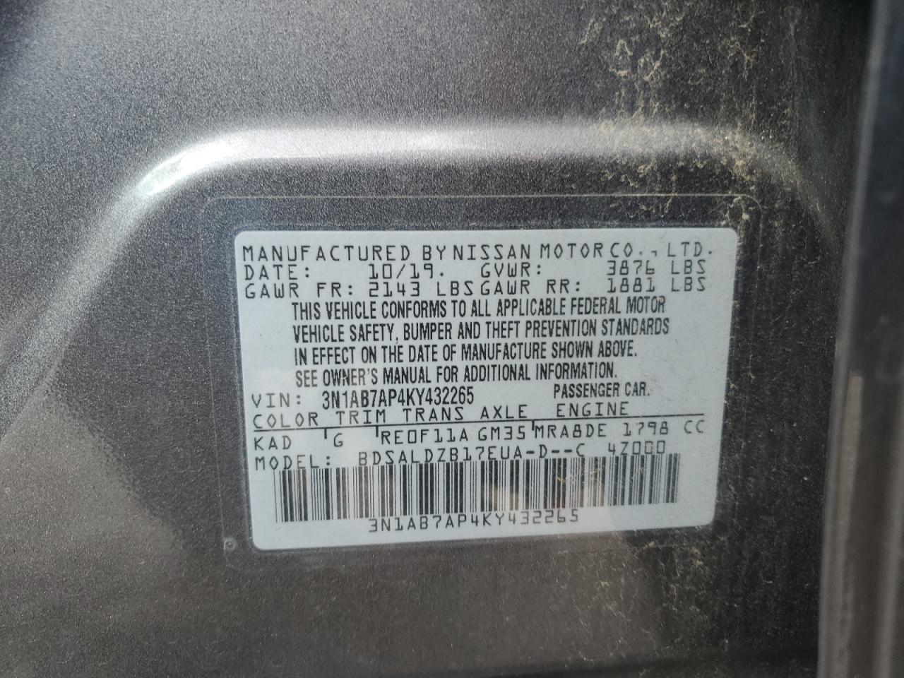 3N1AB7AP4KY432265 2019 Nissan Sentra S