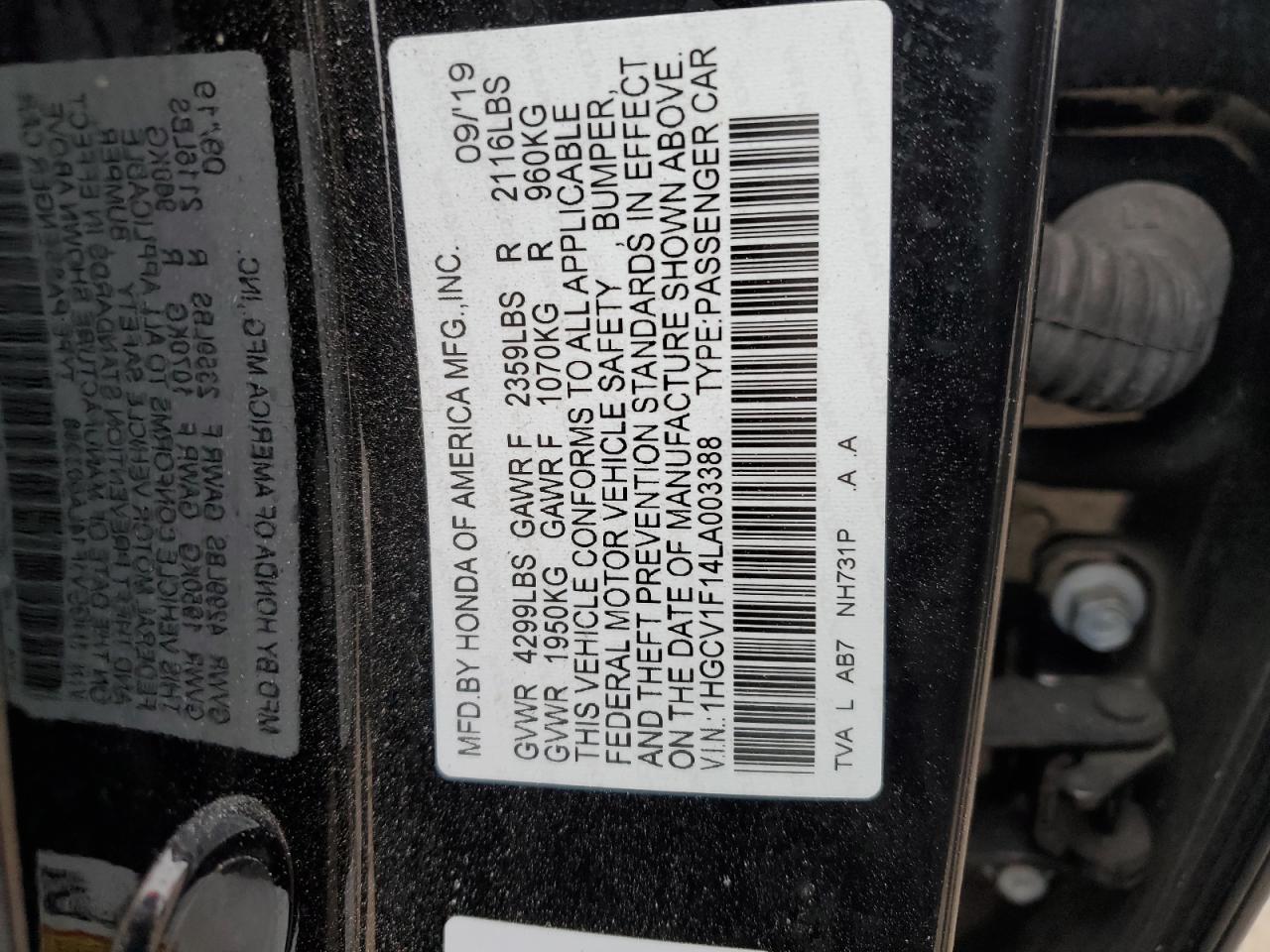 1HGCV1F14LA003388 2020 Honda Accord Lx