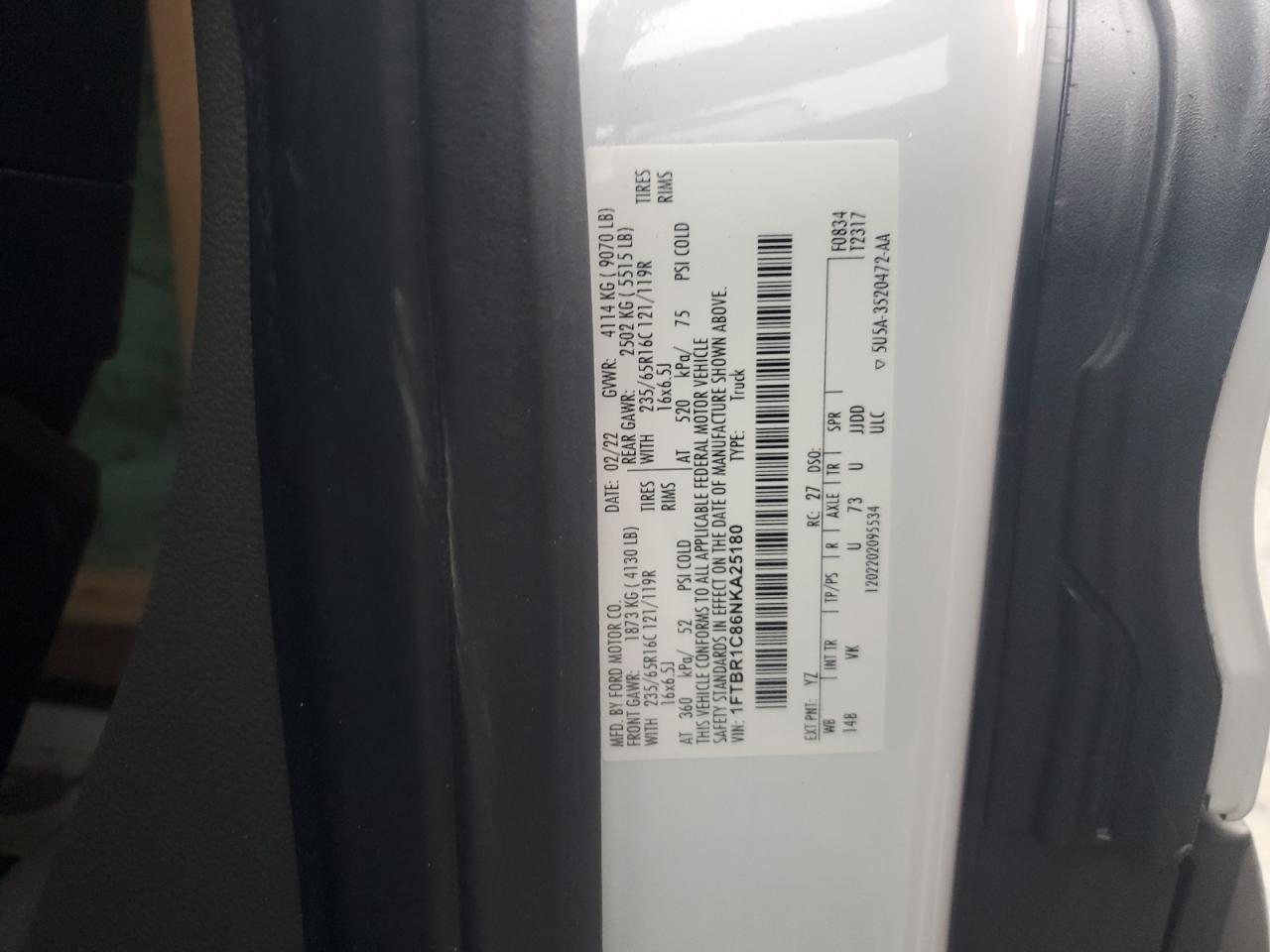 2022 Ford Transit T-250 VIN: 1FTBR1C86NKA25180 Lot: 71376954