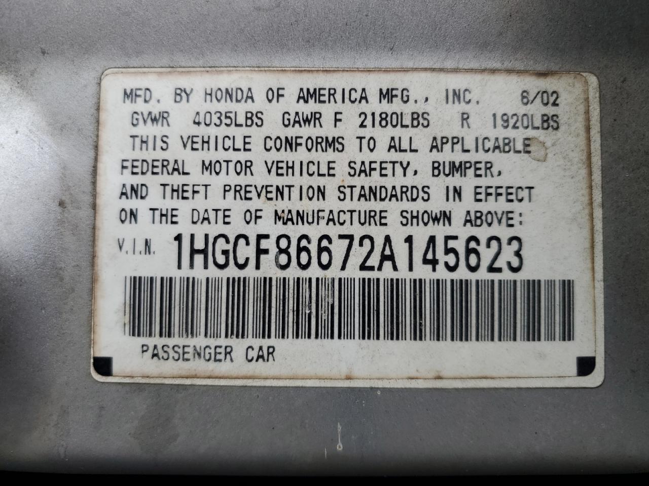 1HGCF86672A145623 2002 Honda Accord Value