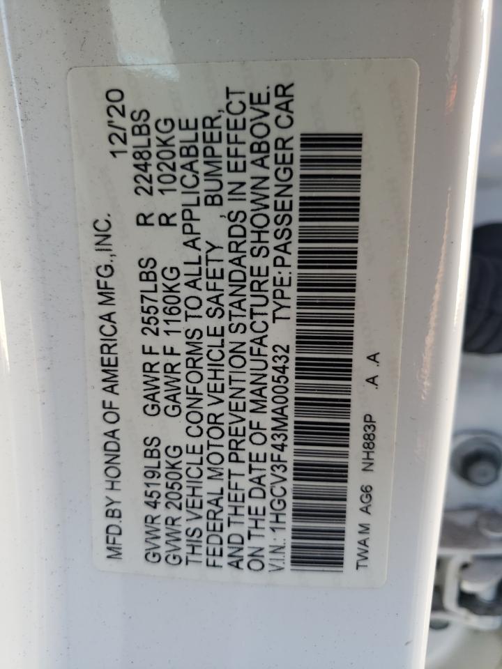 1HGCV3F43MA005432 2021 Honda Accord Hybrid Ex