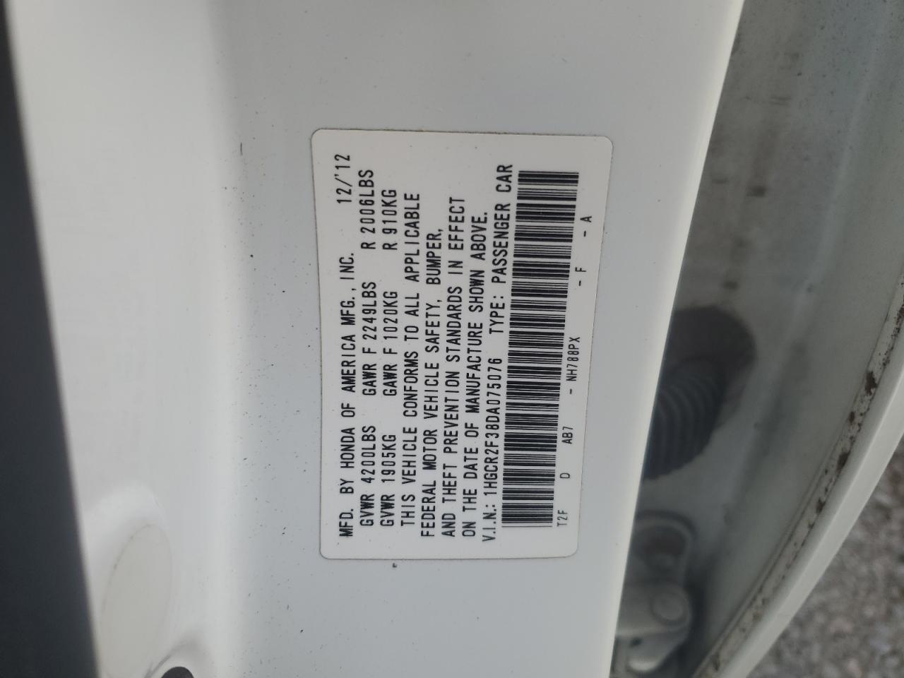 1HGCR2F38DA075076 2013 Honda Accord Lx