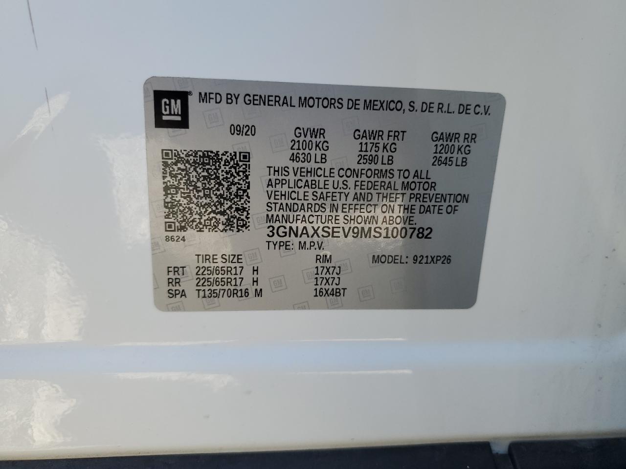 2021 Chevrolet Equinox Ls VIN: 3GNAXSEV9MS100782 Lot: 69236314