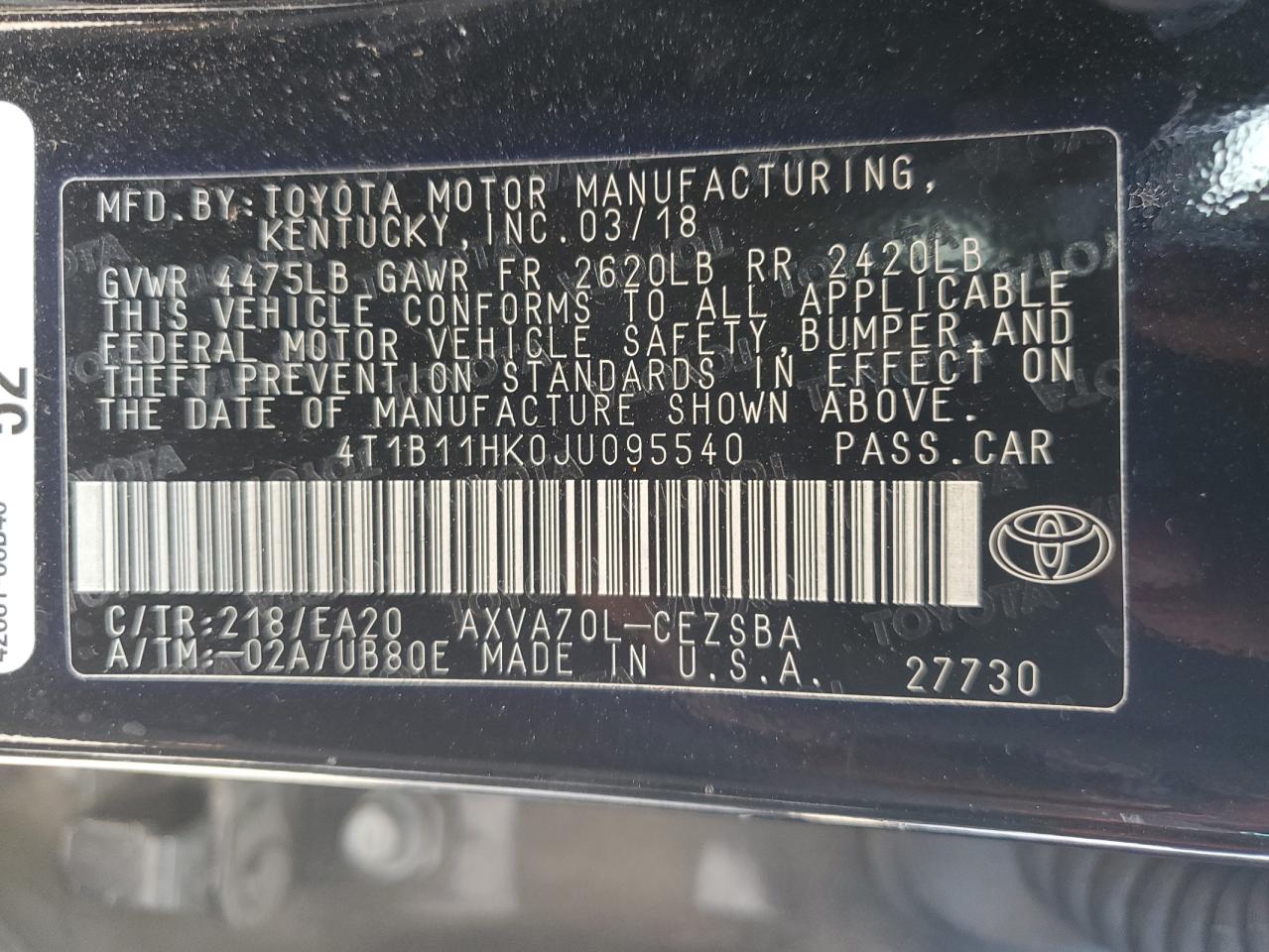 4T1B11HK0JU095540 2018 Toyota Camry L