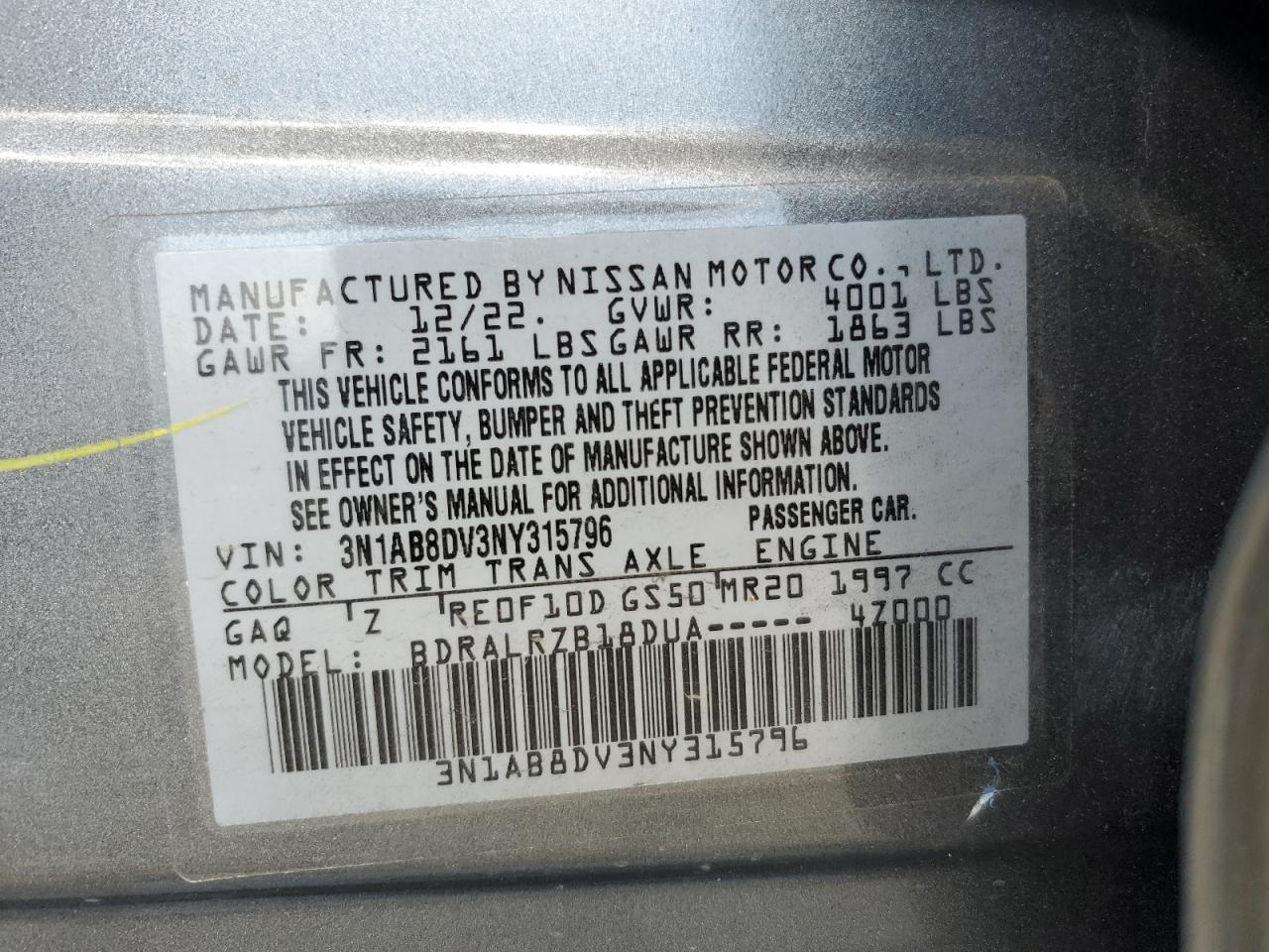 3N1AB8DV3NY315796 2022 Nissan Sentra Sr