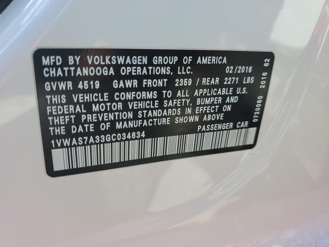 1VWAS7A33GC034634 2016 Volkswagen Passat S