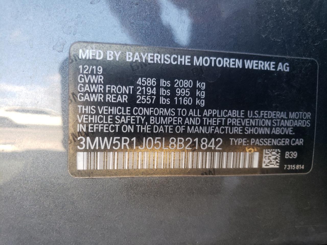 3MW5R1J05L8B21842 2020 BMW 330I