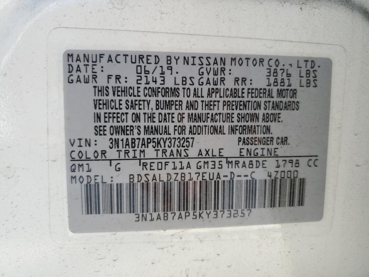 3N1AB7AP5KY373257 2019 Nissan Sentra S