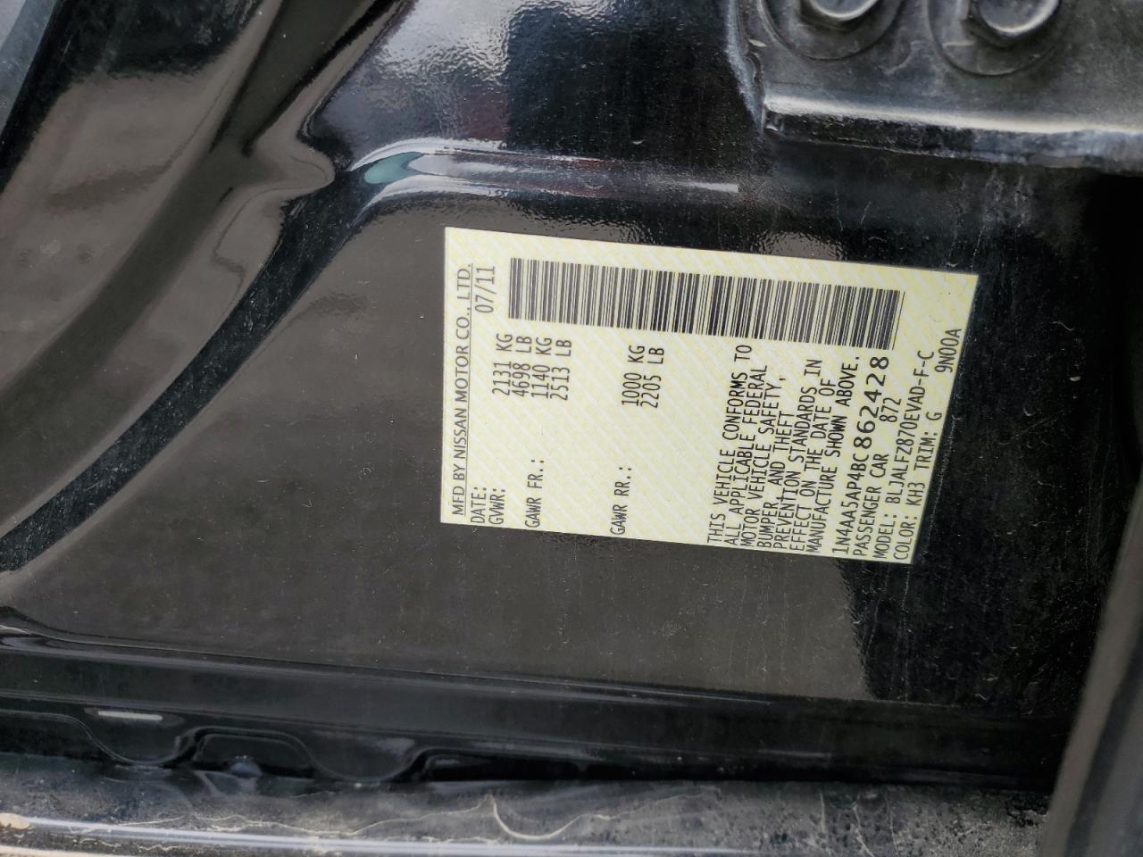 2011 Nissan Maxima S VIN: 1N4AA5AP4BC862428 Lot: 73660874