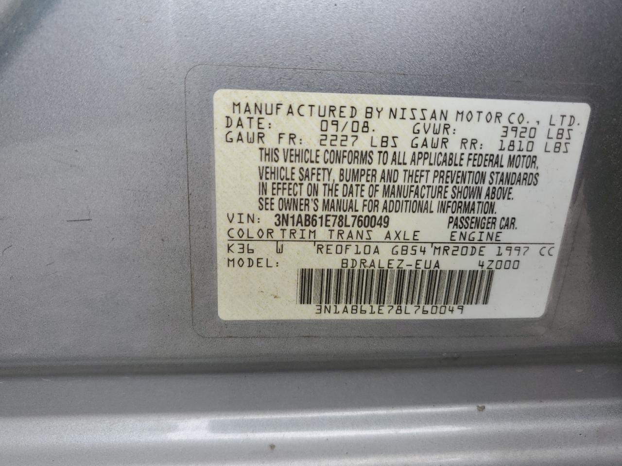 3N1AB61E78L760049 2008 Nissan Sentra 2.0