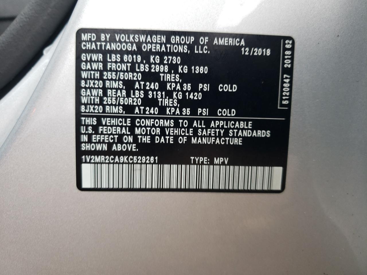2019 Volkswagen Atlas Sel VIN: 1V2MR2CA9KC529261 Lot: 70513944