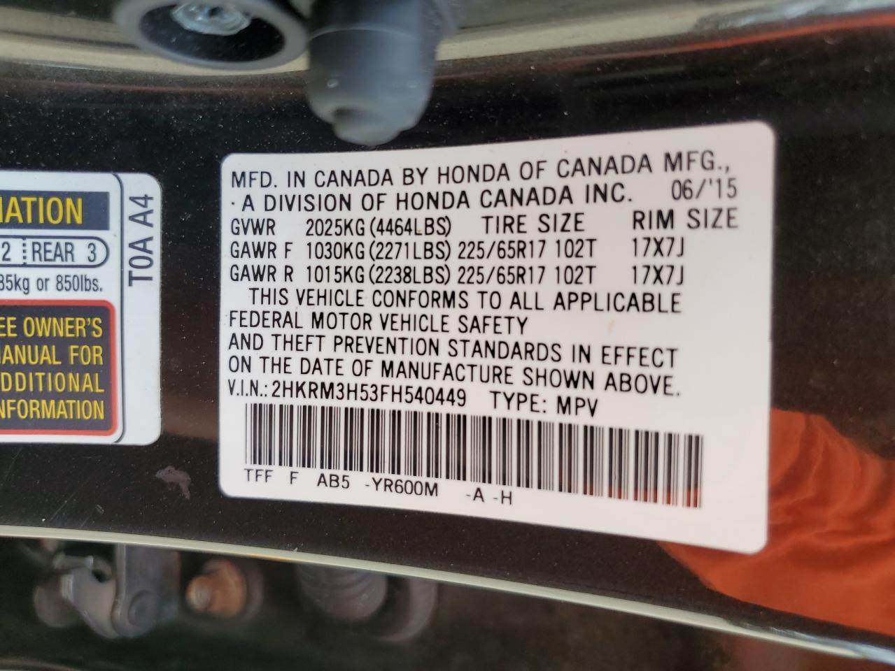 2015 Honda Cr-V Ex VIN: 2HKRM3H53FH540449 Lot: 70641144