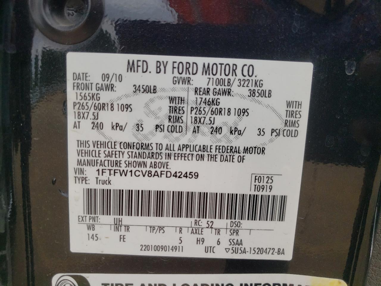 2010 Ford F150 Supercrew VIN: 1FTFW1CV8AFD42459 Lot: 71987444