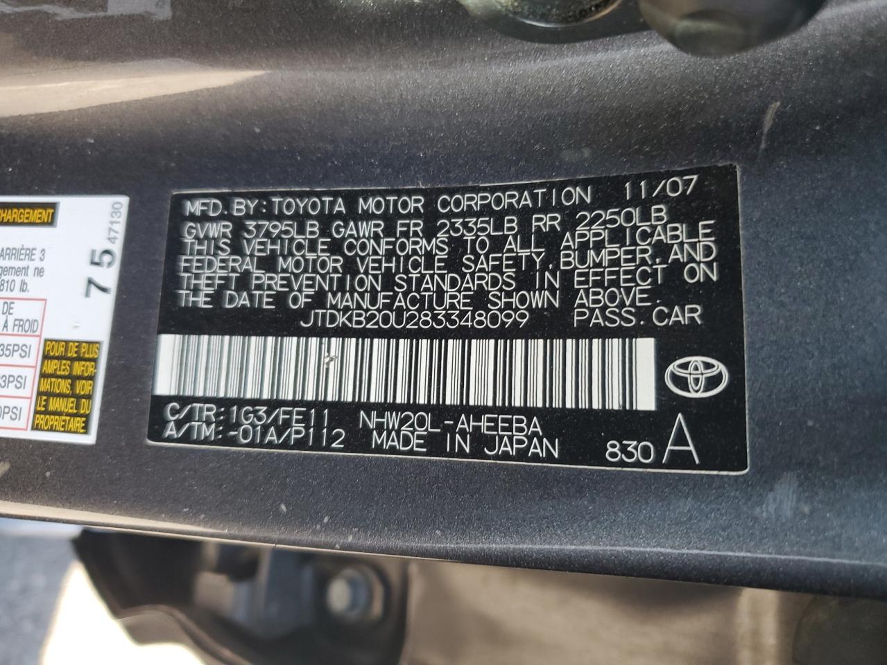 JTDKB20U283348099 2008 Toyota Prius