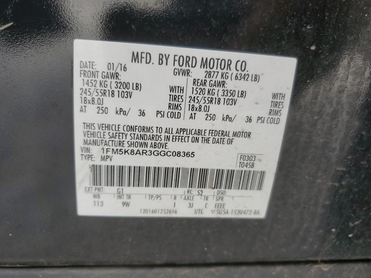 2016 Ford Explorer Police Interceptor VIN: 1FM5K8AR3GGC08365 Lot: 69841044