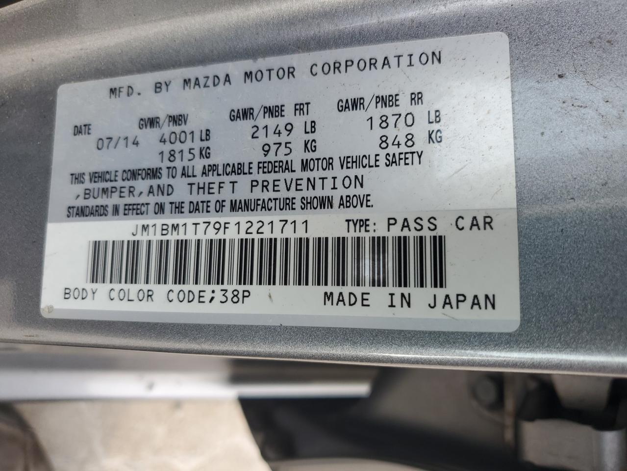 JM1BM1T79F1221711 2015 Mazda 3 Sv