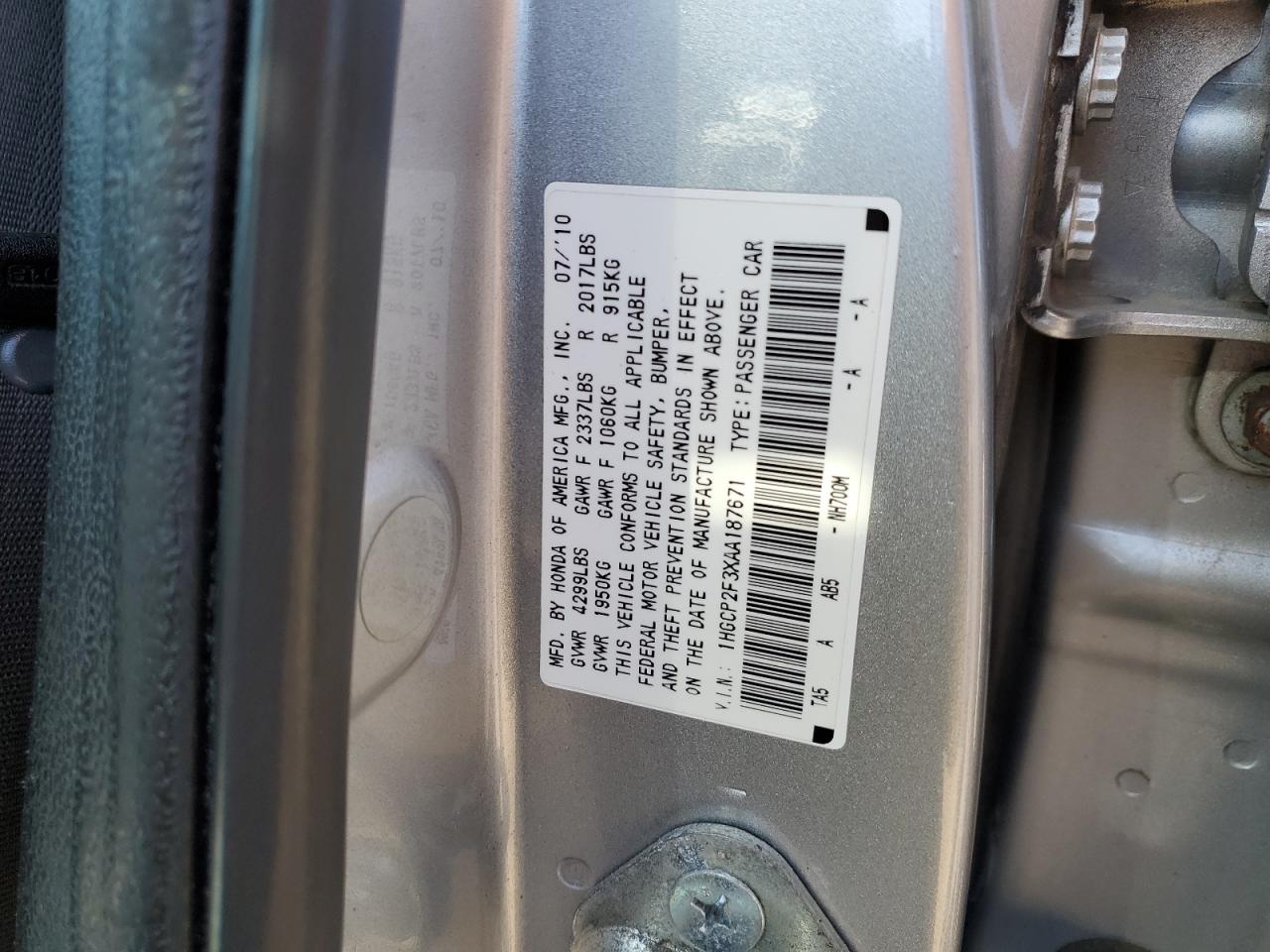 1HGCP2F3XAA187671 2010 Honda Accord Lx