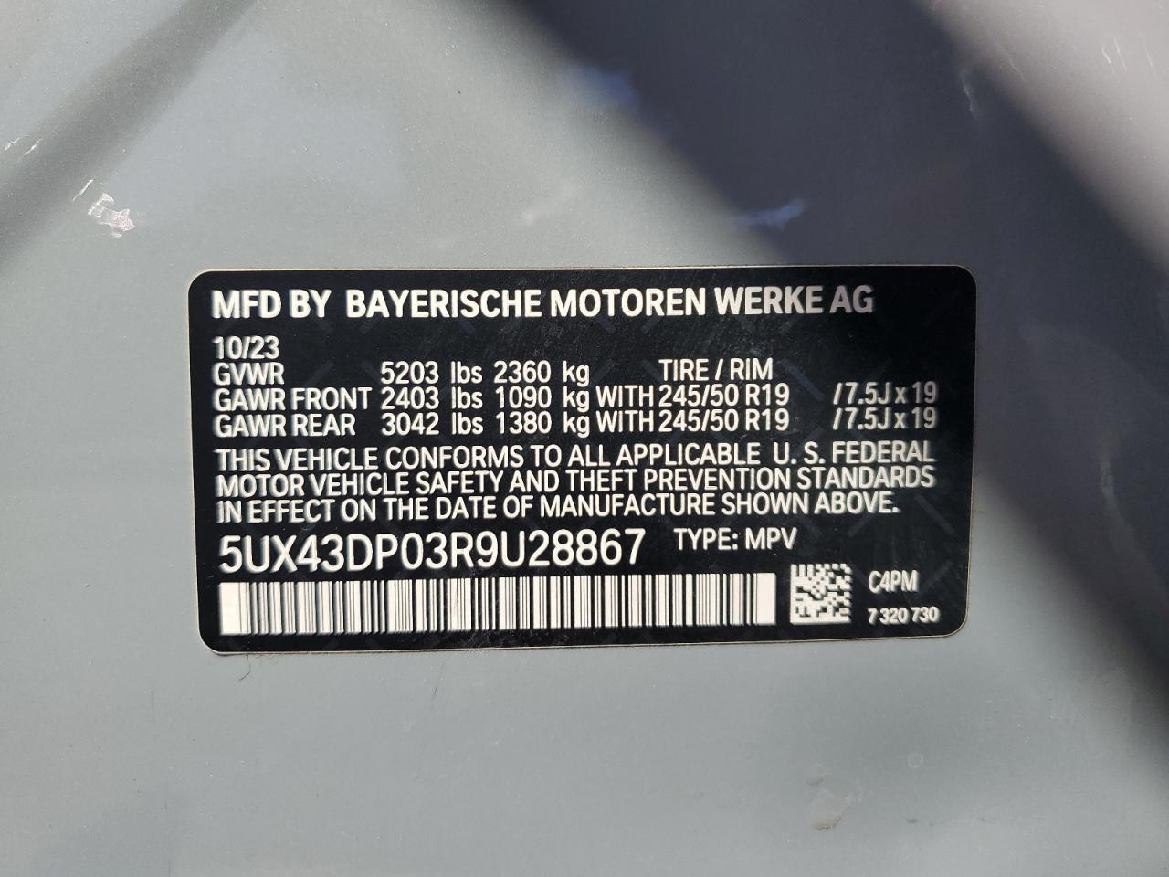 2024 BMW X3 Sdrive30I VIN: 5UX43DP03R9U28867 Lot: 71850404