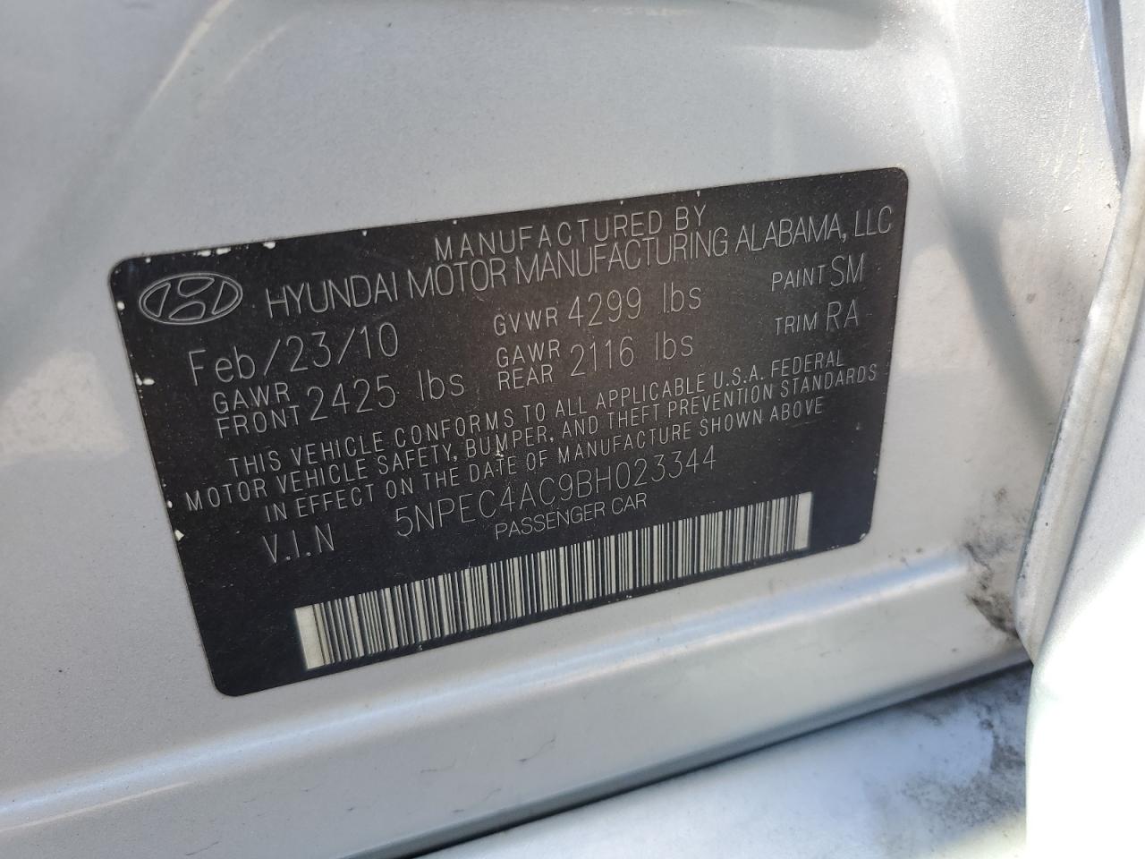 5NPEC4AC9BH023344 2011 Hyundai Sonata Se