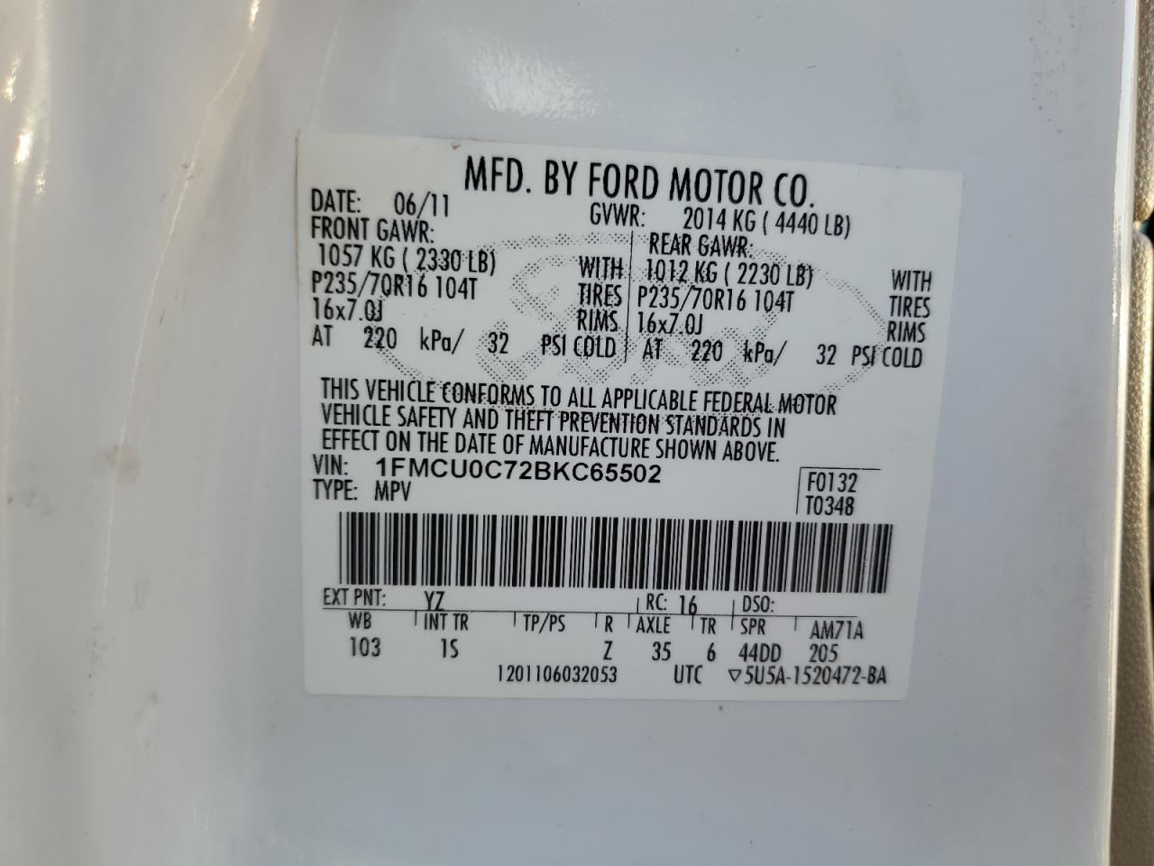 1FMCU0C72BKC65502 2011 Ford Escape Xls