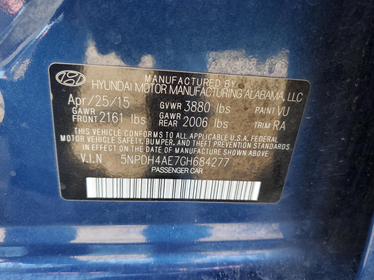 2016 Hyundai Elantra Se VIN: 5NPDH4AE7GH684277 Lot: 71208724