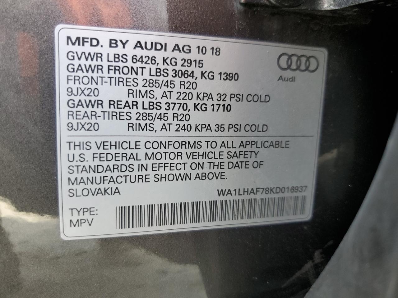 WA1LHAF78KD016937 2019 Audi Q7 Premium Plus