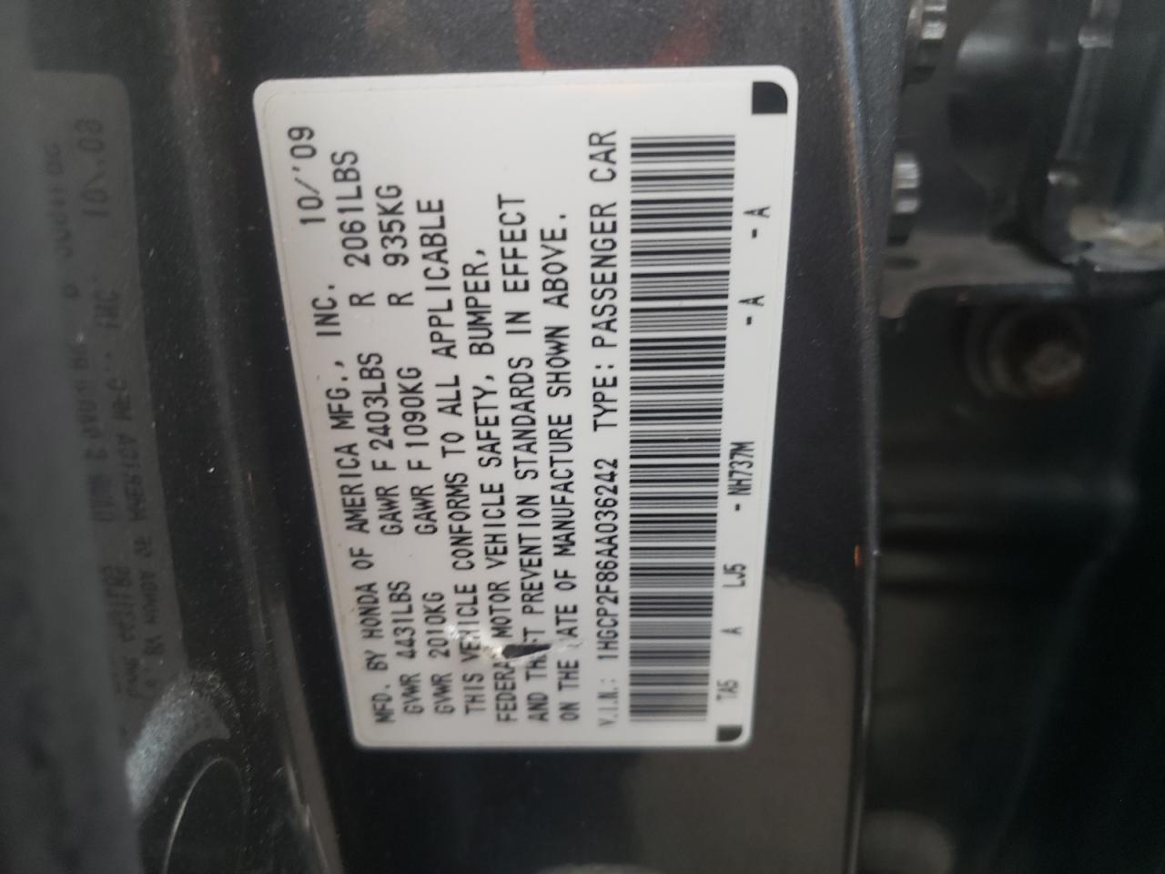 1HGCP2F86AA036242 2010 Honda Accord Exl