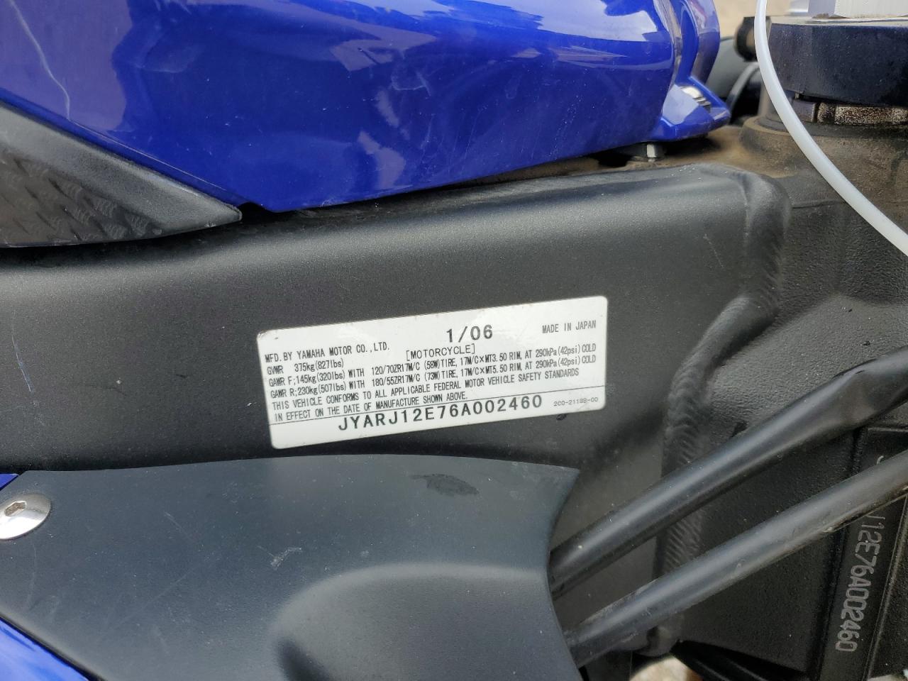 2006 Yamaha Yzfr6 L VIN: JYARJ12E76A002460 Lot: 73587914