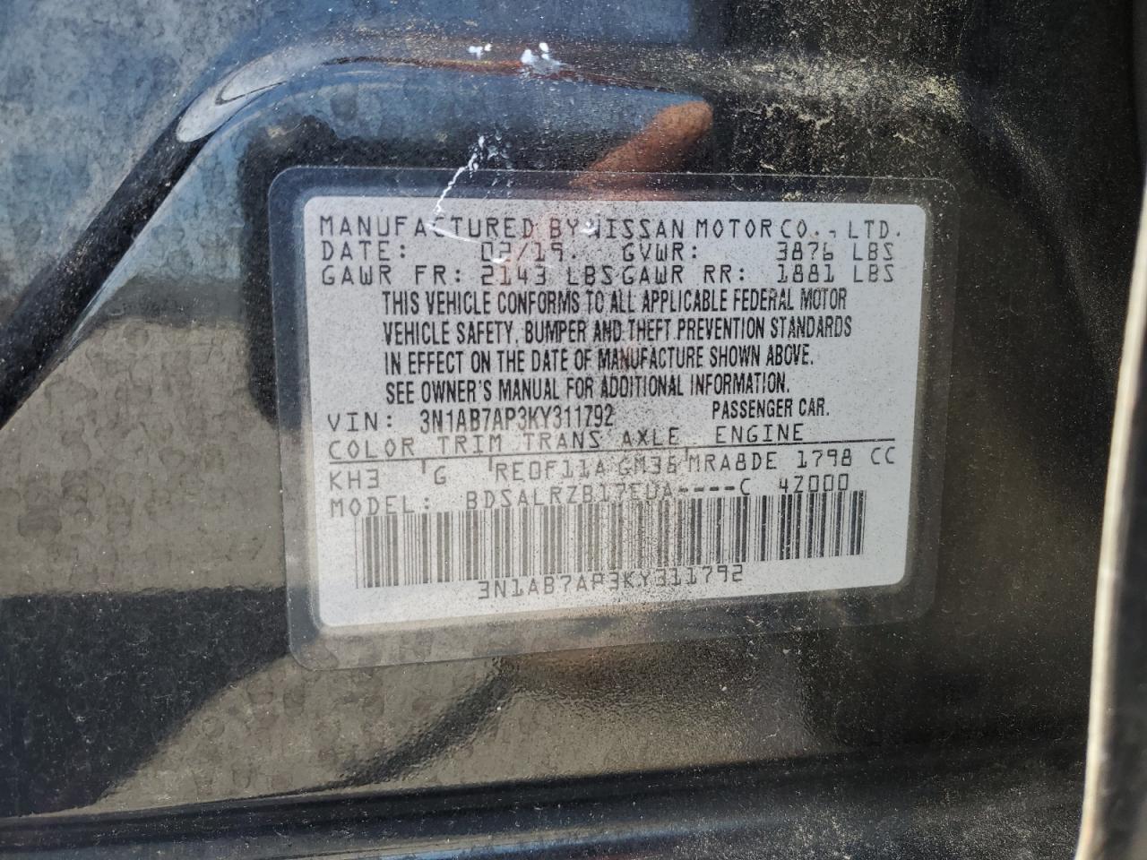 VIN 3N1AB7AP3KY311792 2019 NISSAN SENTRA no.12