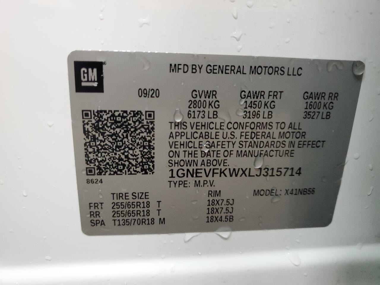 1GNEVFKWXLJ315714 2020 Chevrolet Traverse Ls