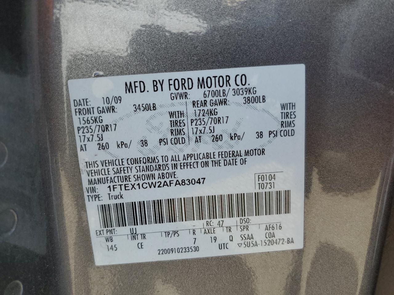 2010 Ford F150 Super Cab VIN: 1FTEX1CW2AFA83047 Lot: 72285834