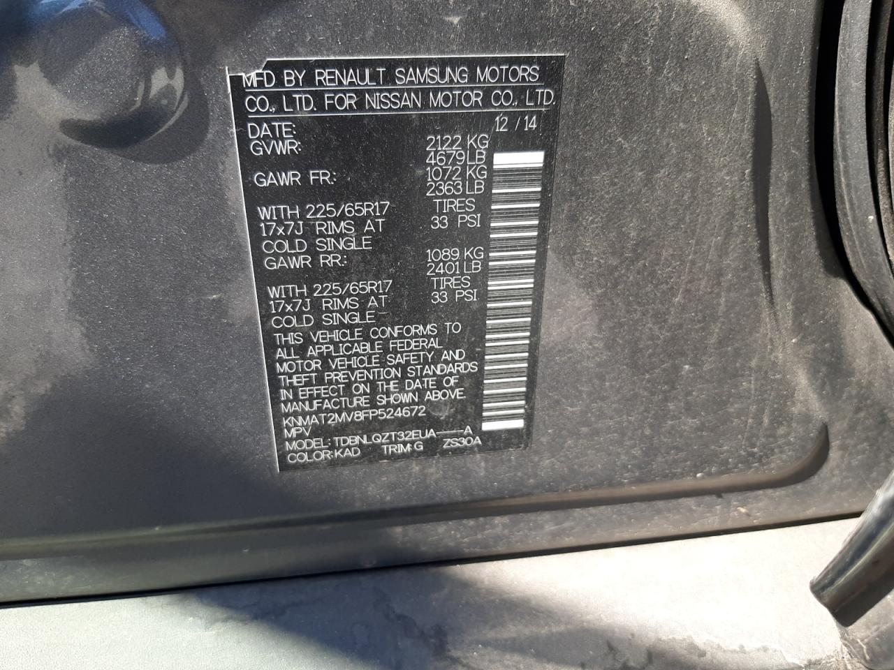 KNMAT2MV8FP524672 2015 Nissan Rogue S