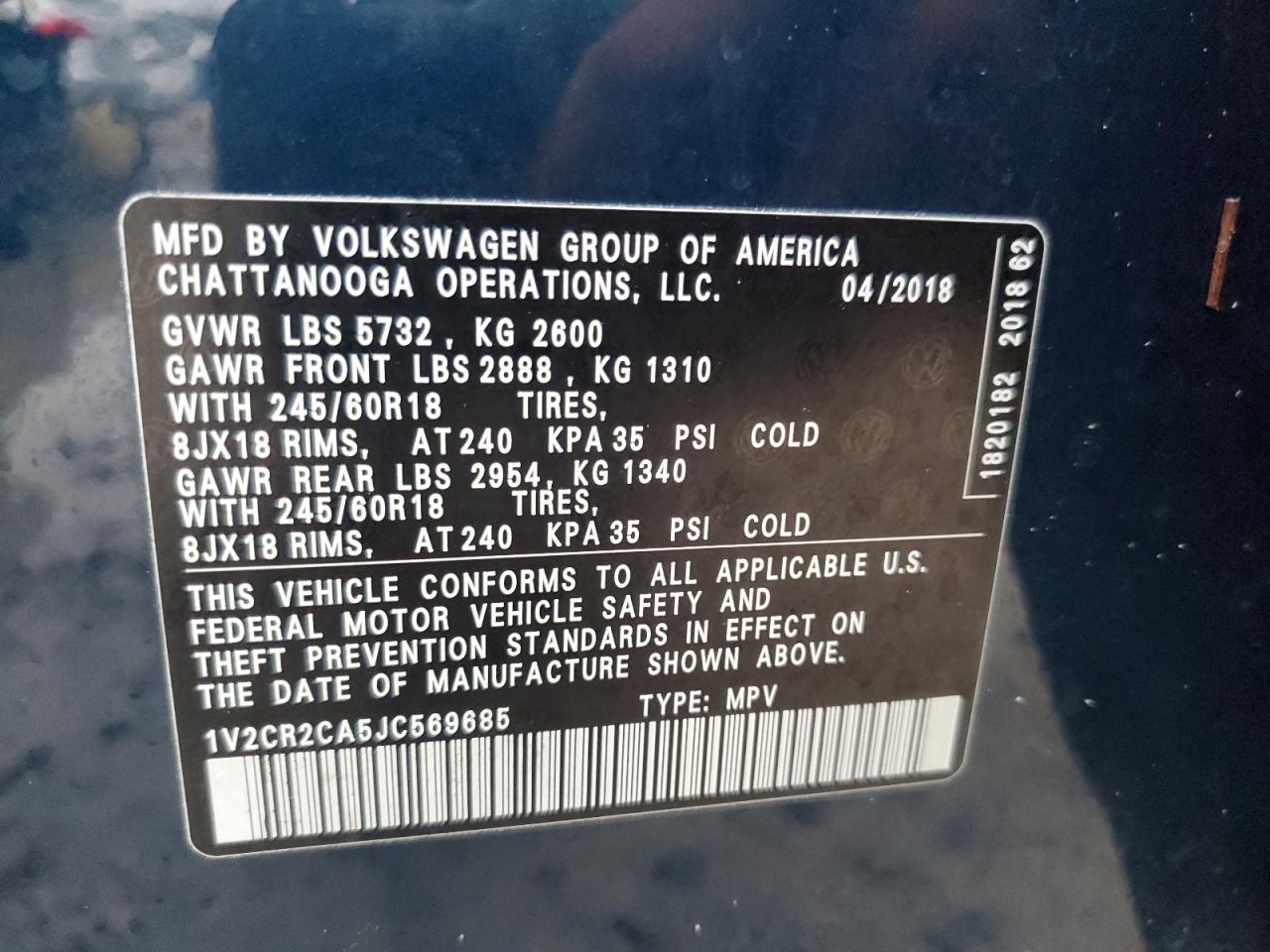 1V2CR2CA5JC569685 2018 Volkswagen Atlas Se