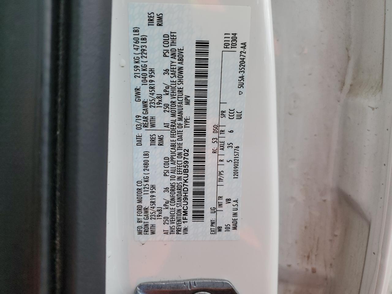 1FMCU9HD7KUB59702 2019 Ford Escape Sel