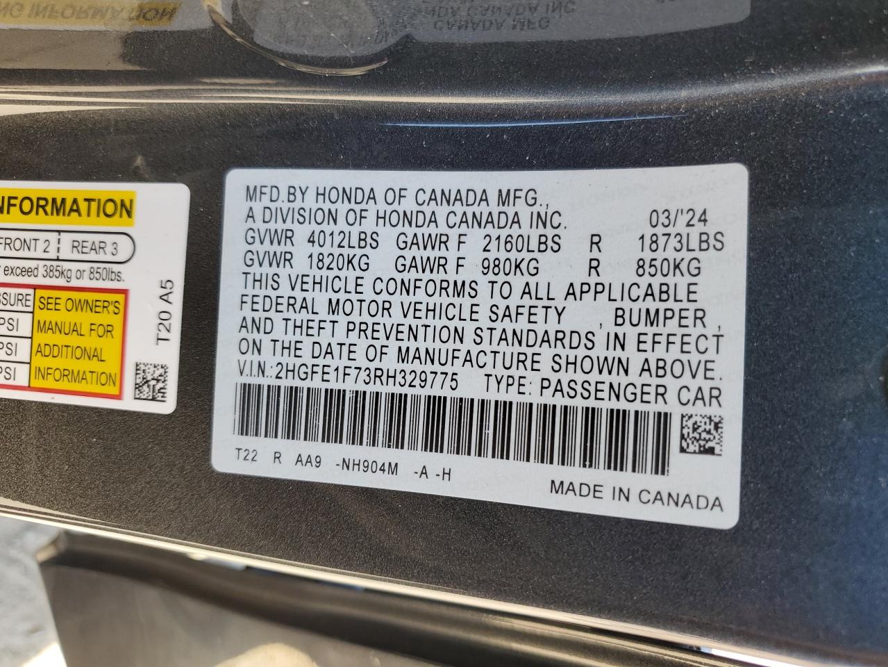 2HGFE1F73RH329775 2024 Honda Civic Ex