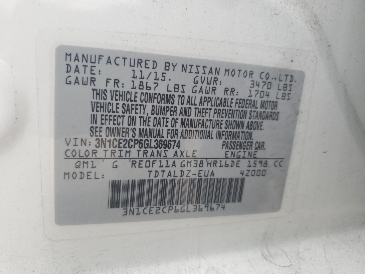 3N1CE2CP6GL369674 2016 Nissan Versa Note S