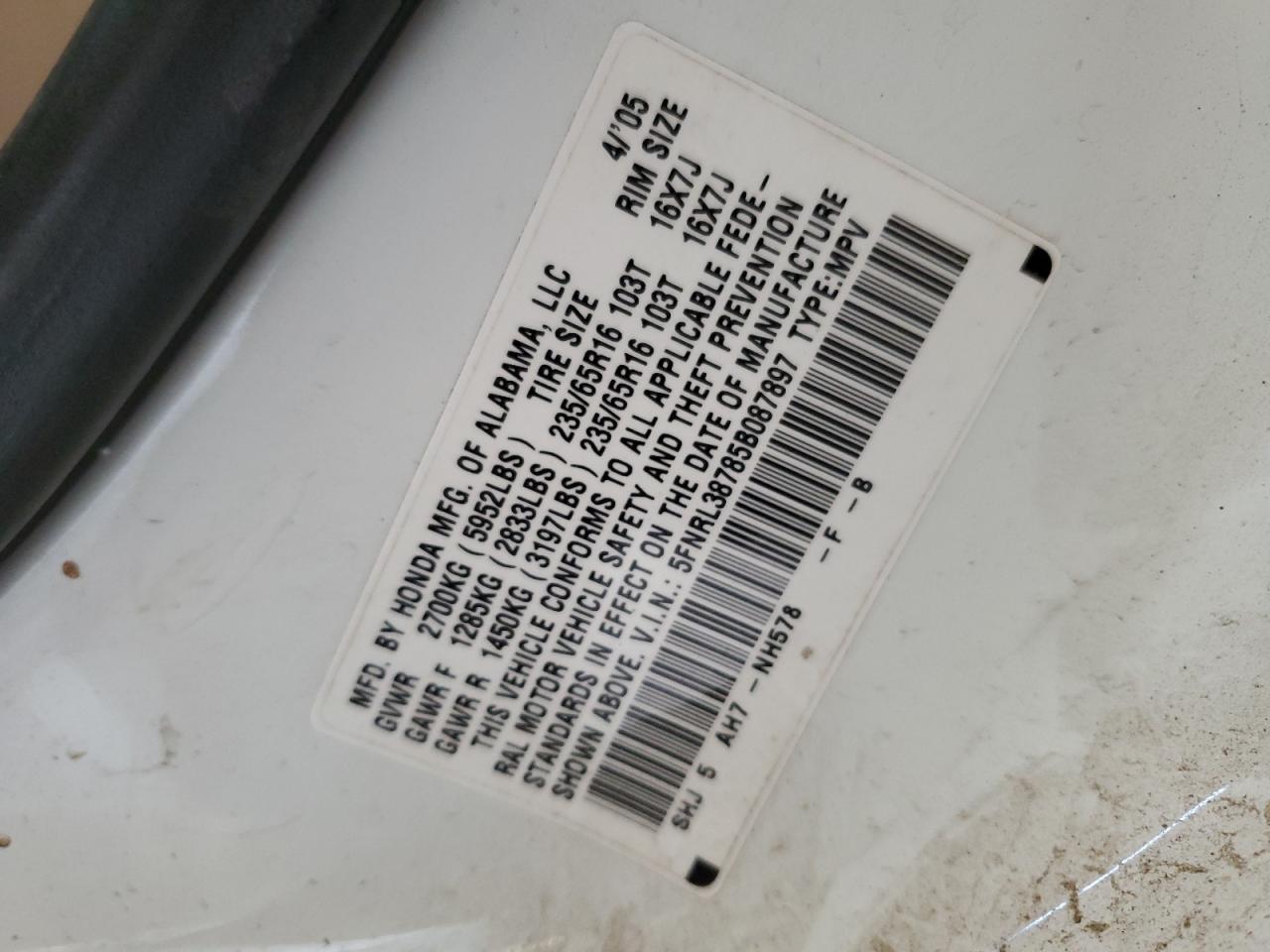 5FNRL38785B087897 2005 Honda Odyssey Exl