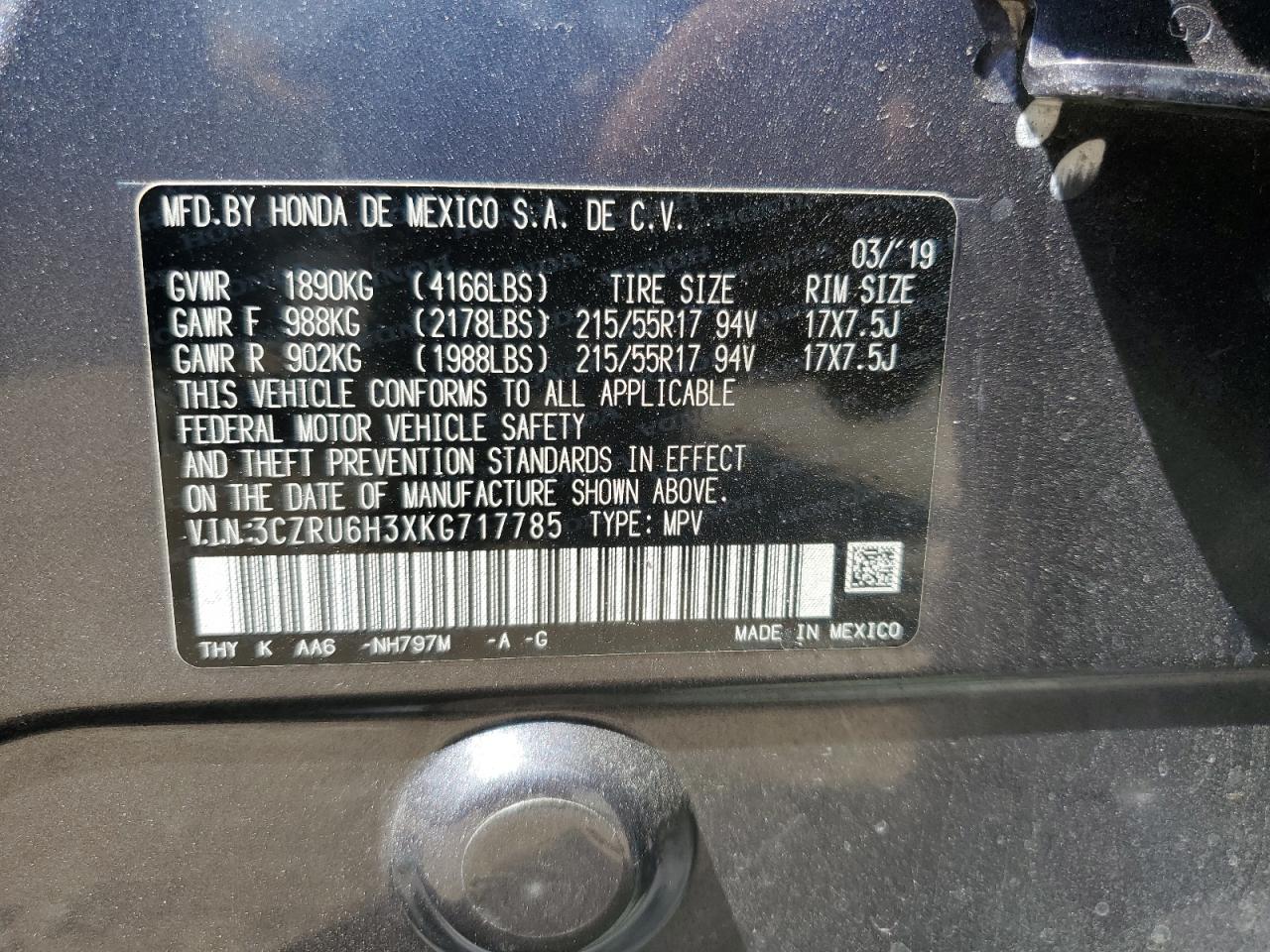 3CZRU6H3XKG717785 2019 Honda Hr-V Lx