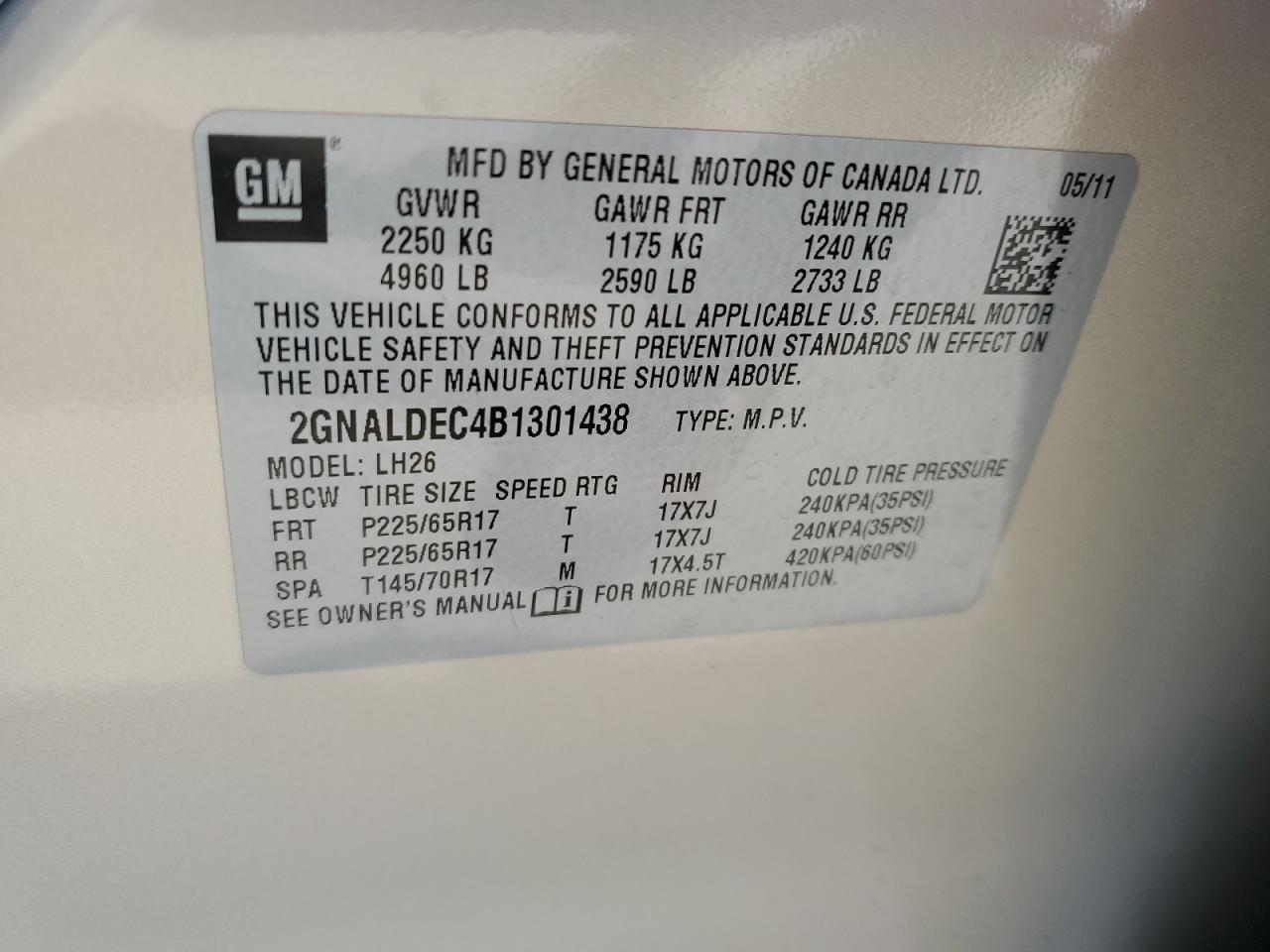 2GNALDEC4B1301438 2011 Chevrolet Equinox Lt