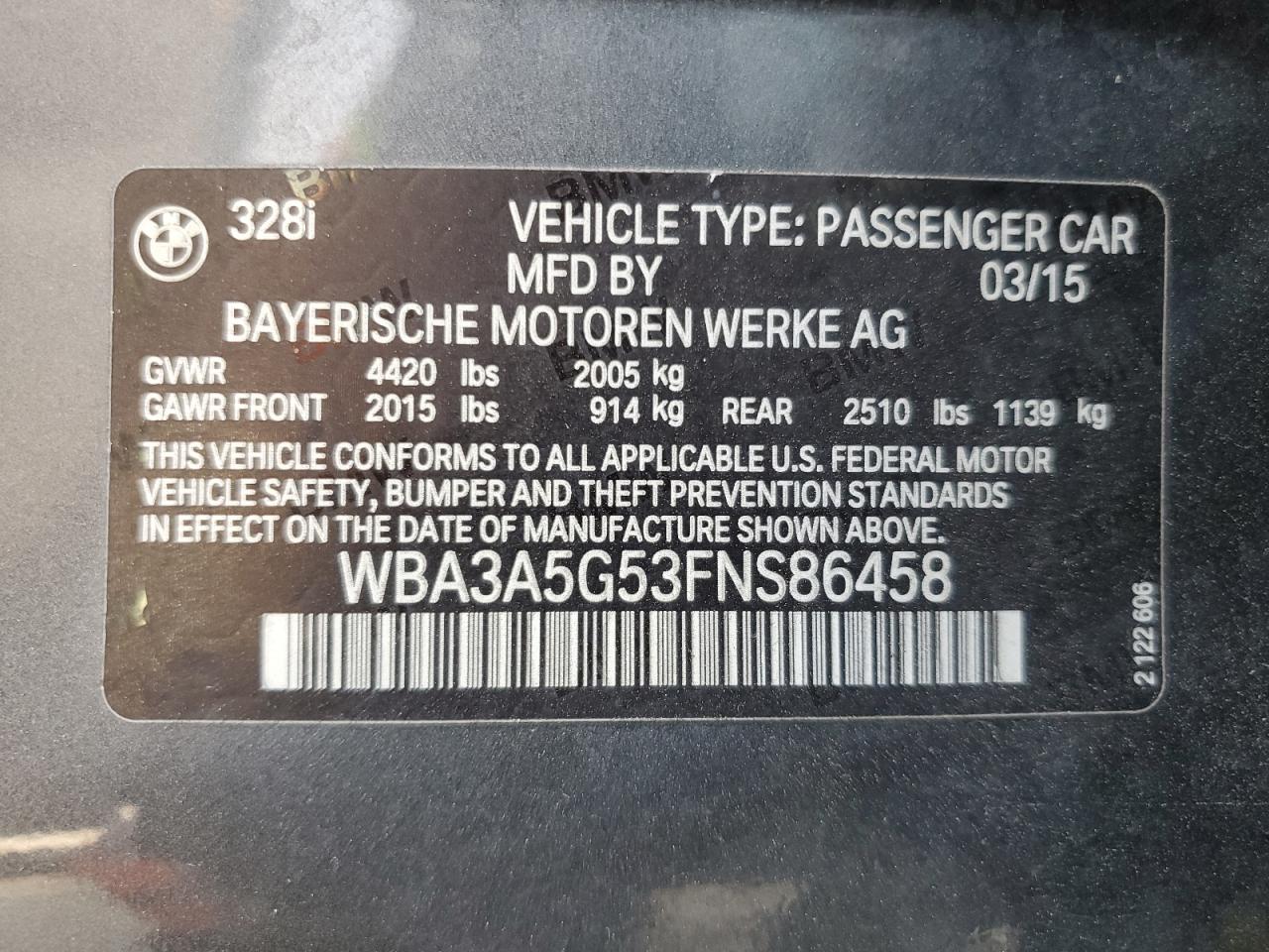 WBA3A5G53FNS86458 2015 BMW 328 I