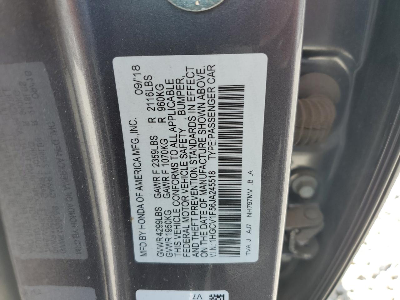 1HGCV1F56JA245518 2018 Honda Accord Exl